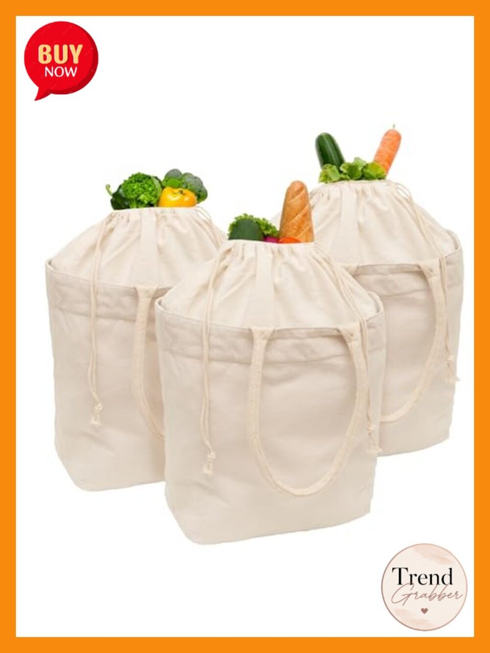 100% Organic Cotton Canvas Grocery Tote Bags 70 lb Capacity Drawstring 3 Pack